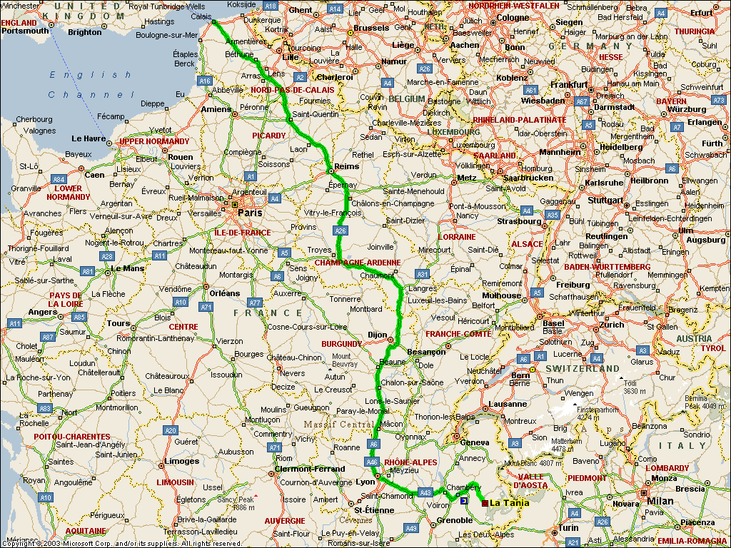 La Tania Route Map. Main Autoroute route from Calais to La Tania.