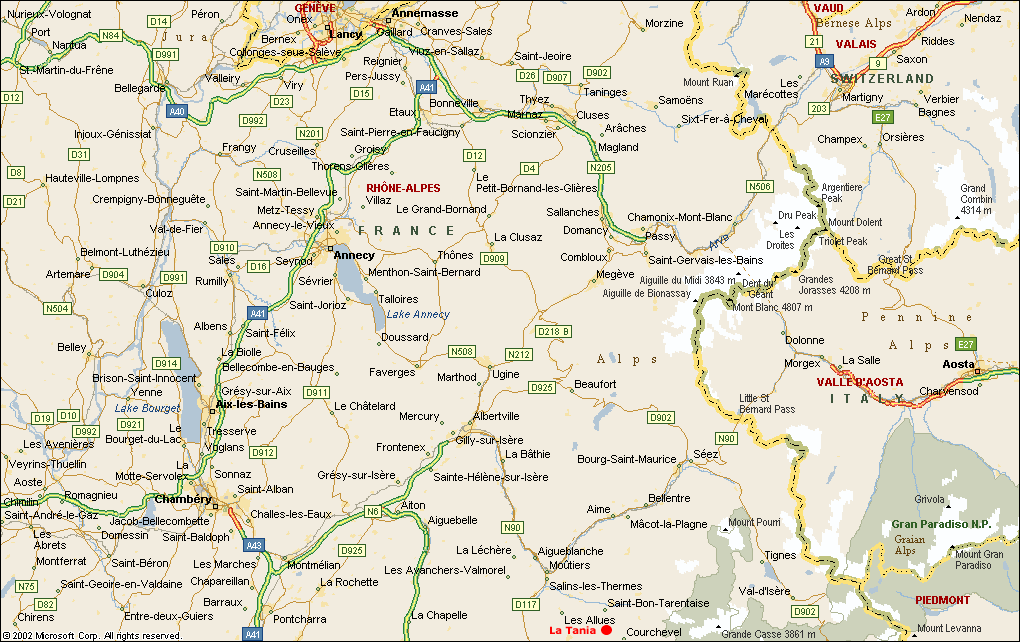 The La Tania Map. Location of La Tania, Geneva, Chambery, Annecy, Albertville and Moutiers with main roads and towns shown for driving to The Three Valleys. La Tania at the bottom of the page